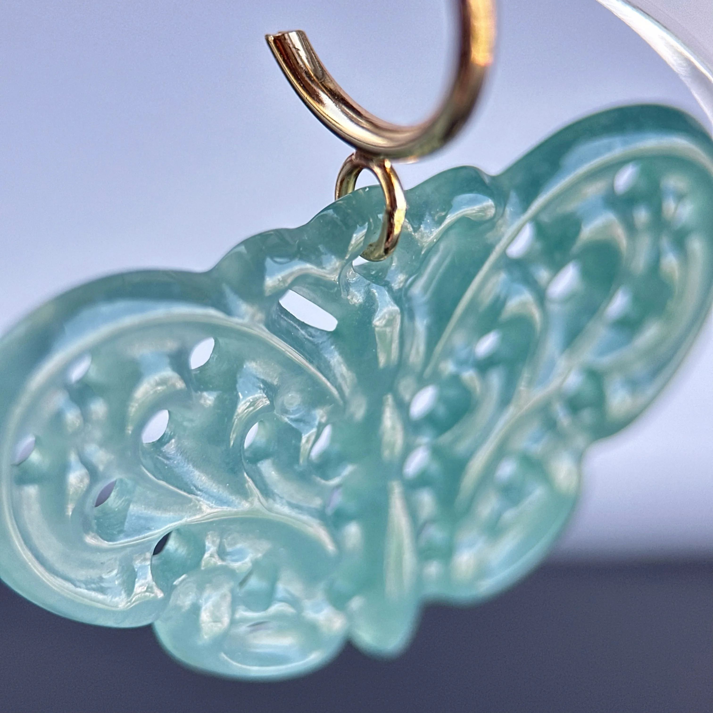 100788 Highly Translucent Bluish Green Butterfly Jade Earring