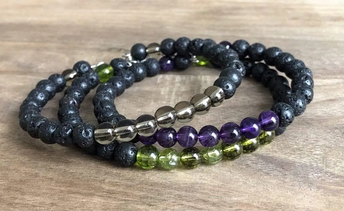 3-Stack | Smokey Quartz | Amethyst | Peridot & Lava Stone Aromatherapy Diffuser Bracelet