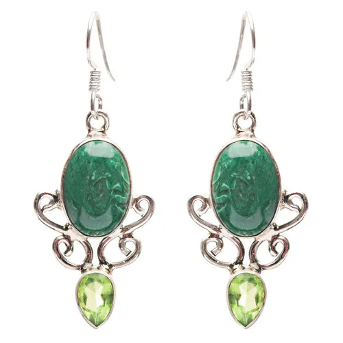 925 Sterling Silver Natural Gemstones Malachite Dangle Earrings FJSVE2187