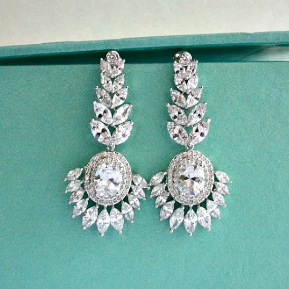 Art Deco CZ Crystal Bridal Earrings, Rhinestone Wedding Earrings, Long Crystal Chandelier Earrings, Cubic Zirconia Dangle Wedding Earrings