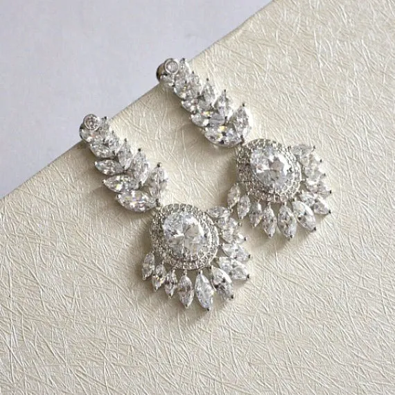 Art Deco CZ Crystal Bridal Earrings, Rhinestone Wedding Earrings, Long Crystal Chandelier Earrings, Cubic Zirconia Dangle Wedding Earrings