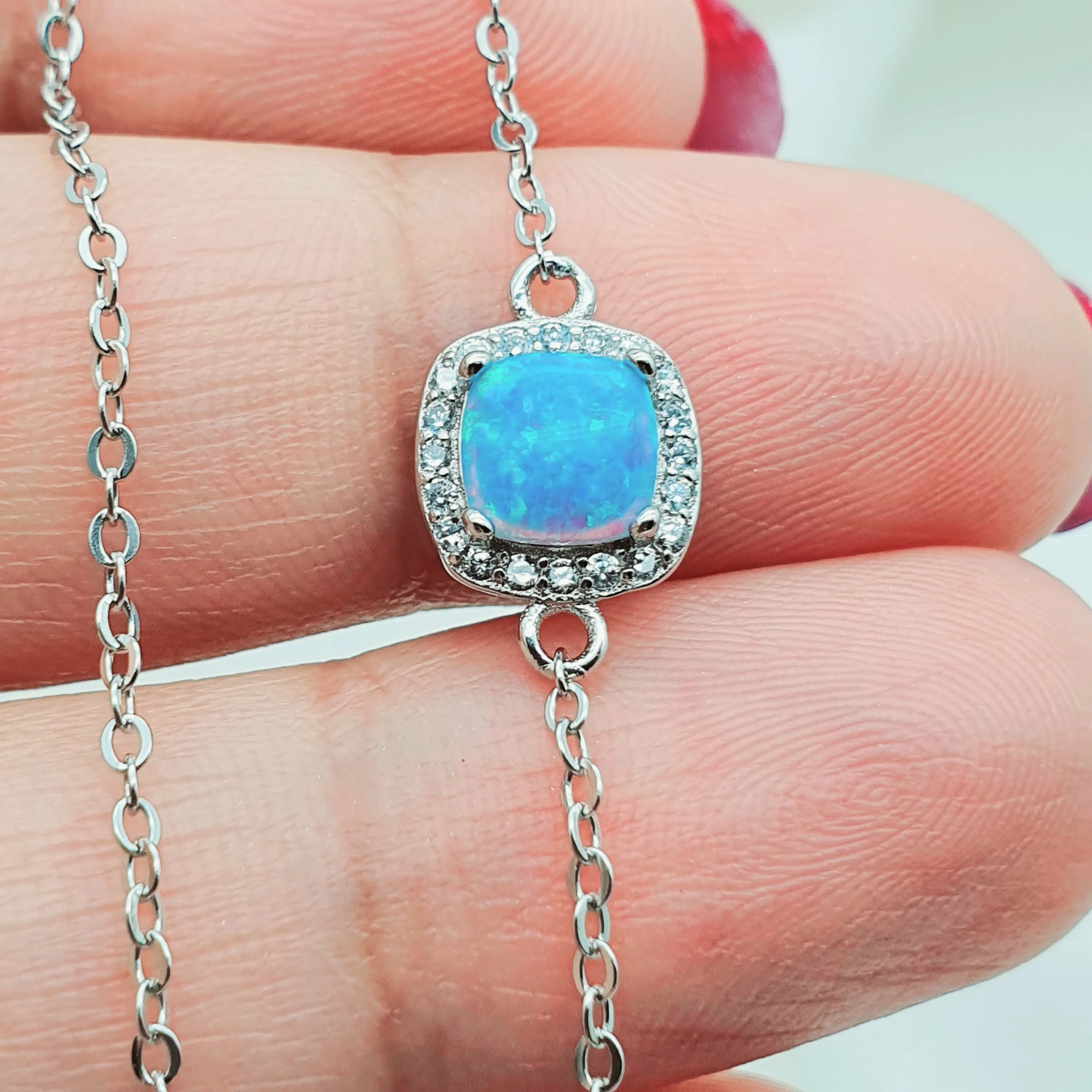 Created Blue Opal Bracelet, Sterling Silver