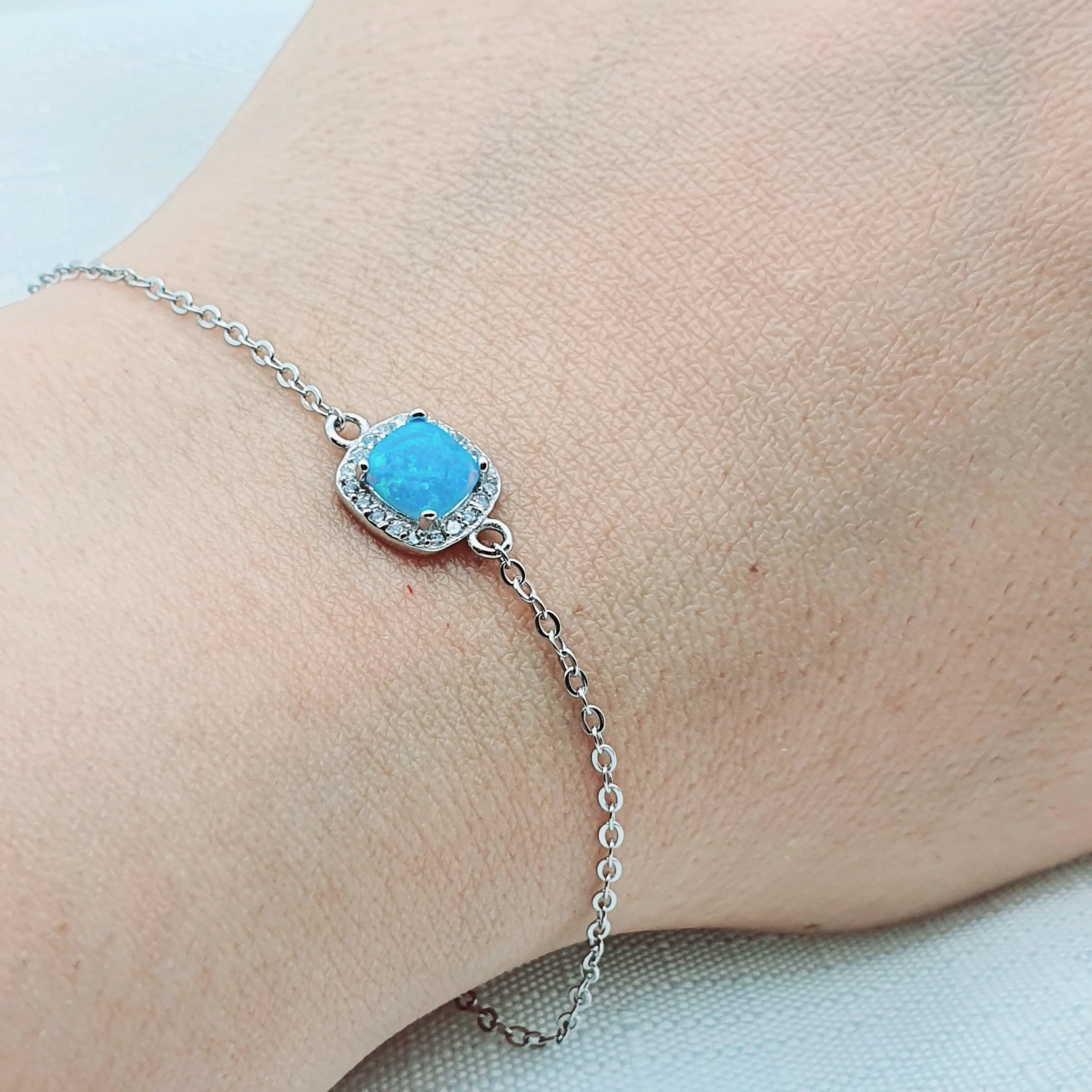 Created Blue Opal Bracelet, Sterling Silver