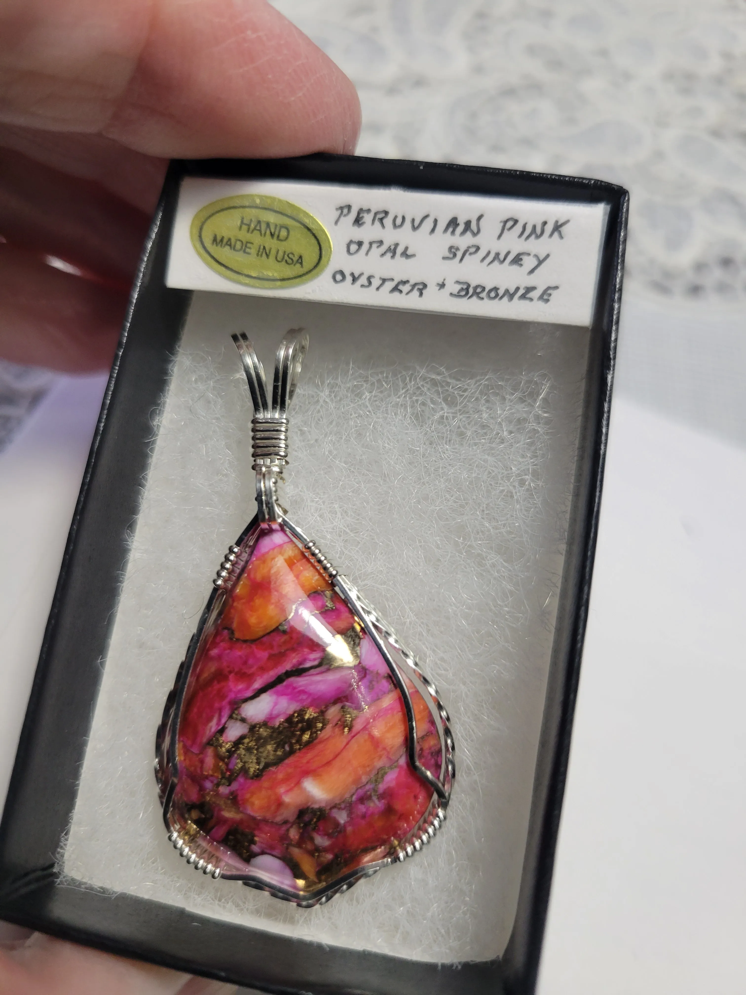 Custom Wire Wrapped Peruvian Pink Opal Spiney Oyster & Bronze Pendant Sterling Silver