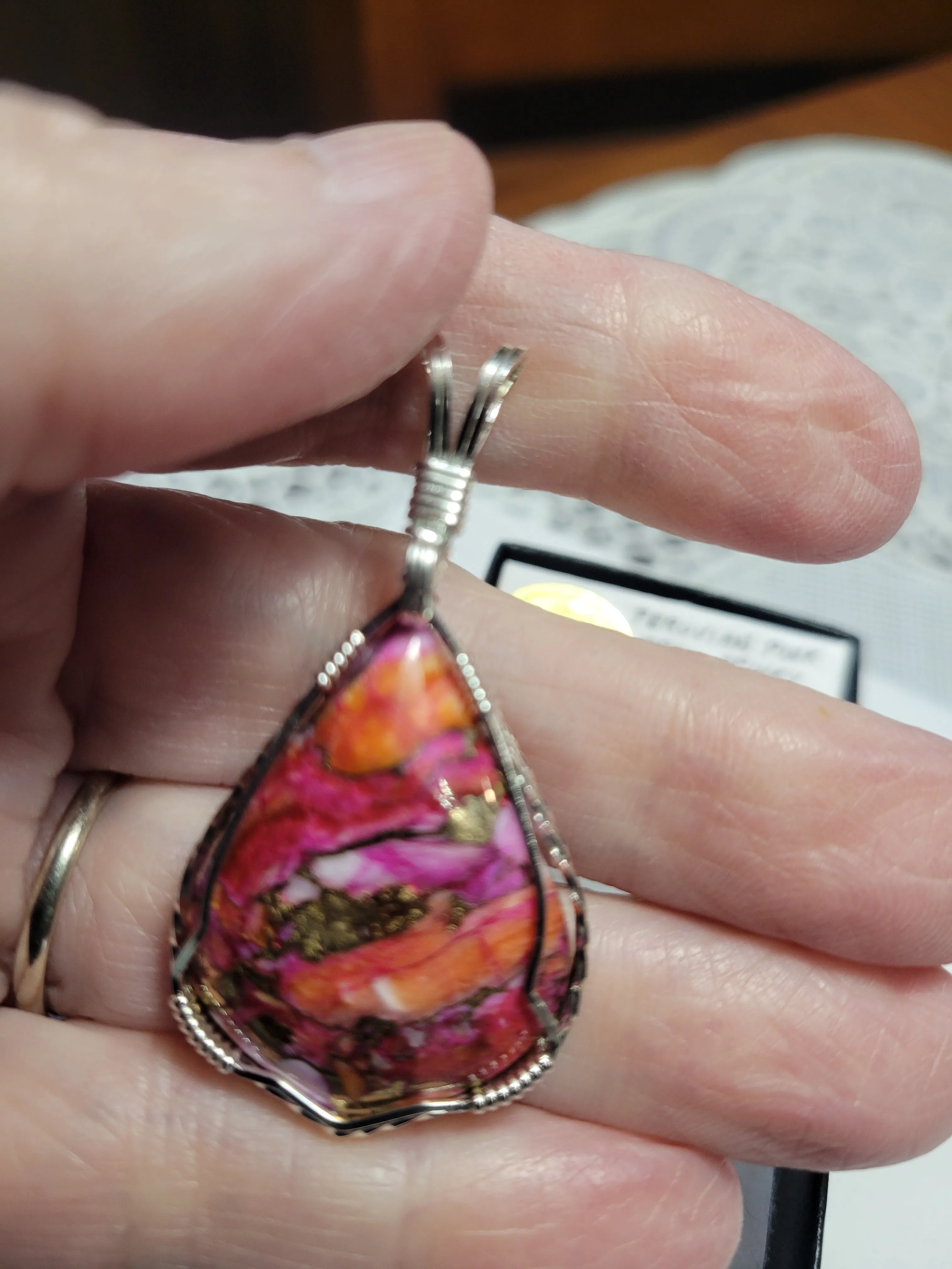 Custom Wire Wrapped Peruvian Pink Opal Spiney Oyster & Bronze Pendant Sterling Silver
