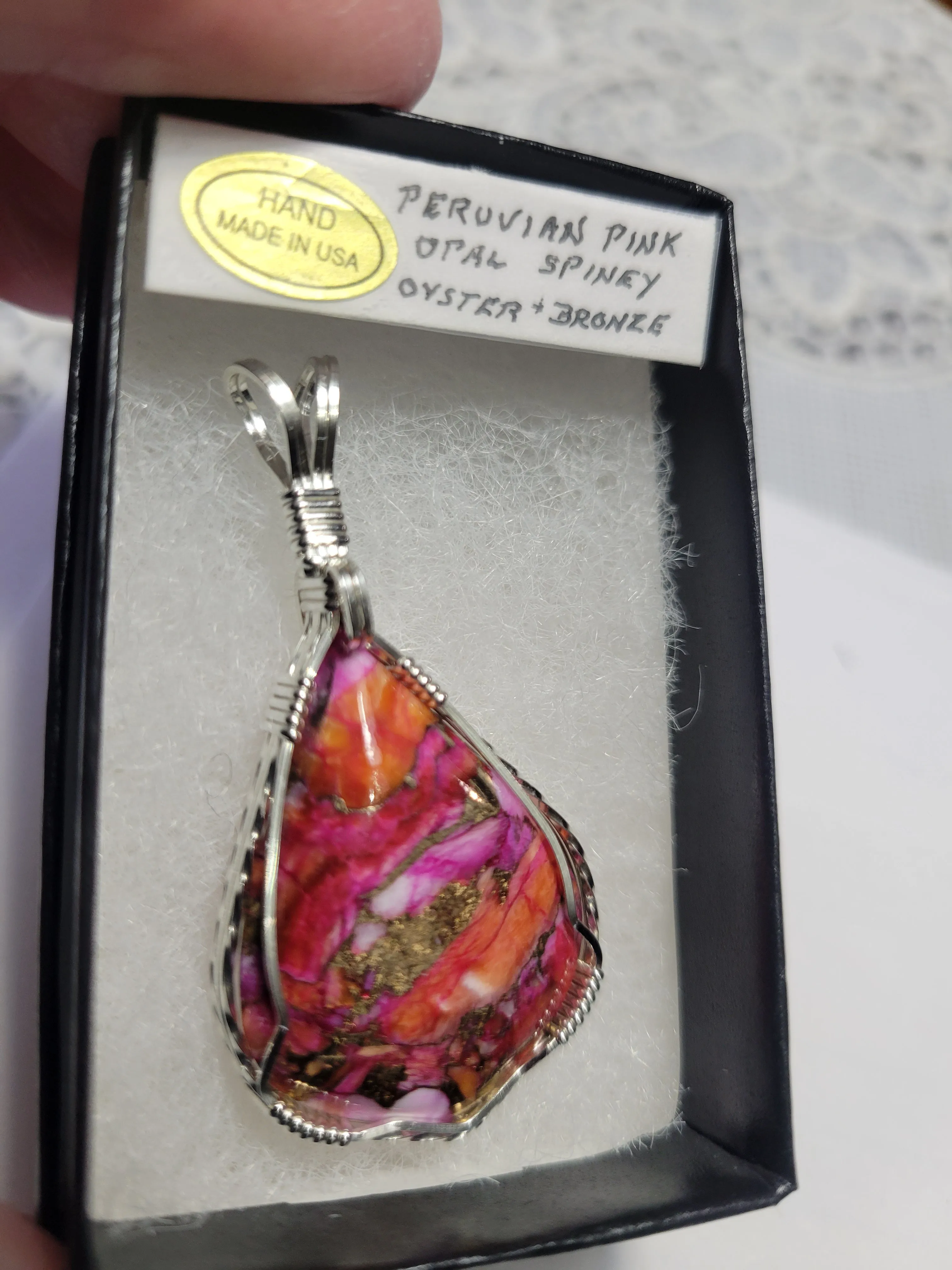 Custom Wire Wrapped Peruvian Pink Opal Spiney Oyster & Bronze Pendant Sterling Silver