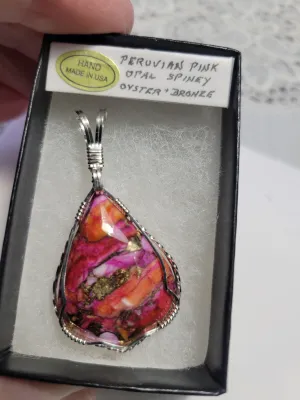 Custom Wire Wrapped Peruvian Pink Opal Spiney Oyster & Bronze Pendant Sterling Silver