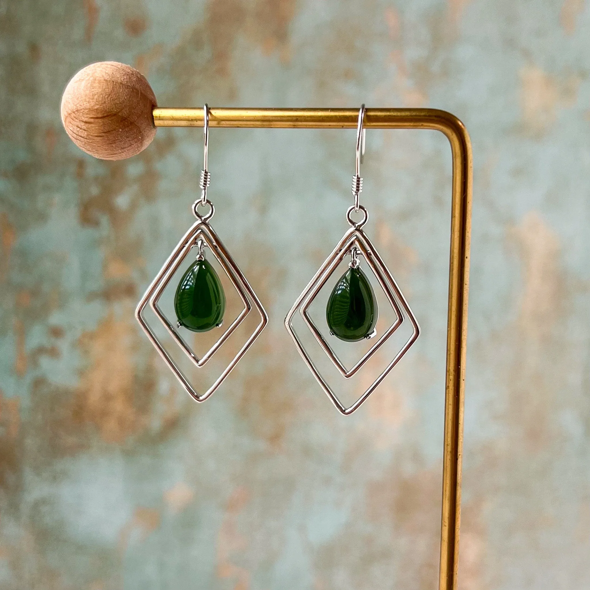 Framed Serenity Jade Earrings, Green Nephrite Jade Sterling Silver Earrings, JSY-0424-12086