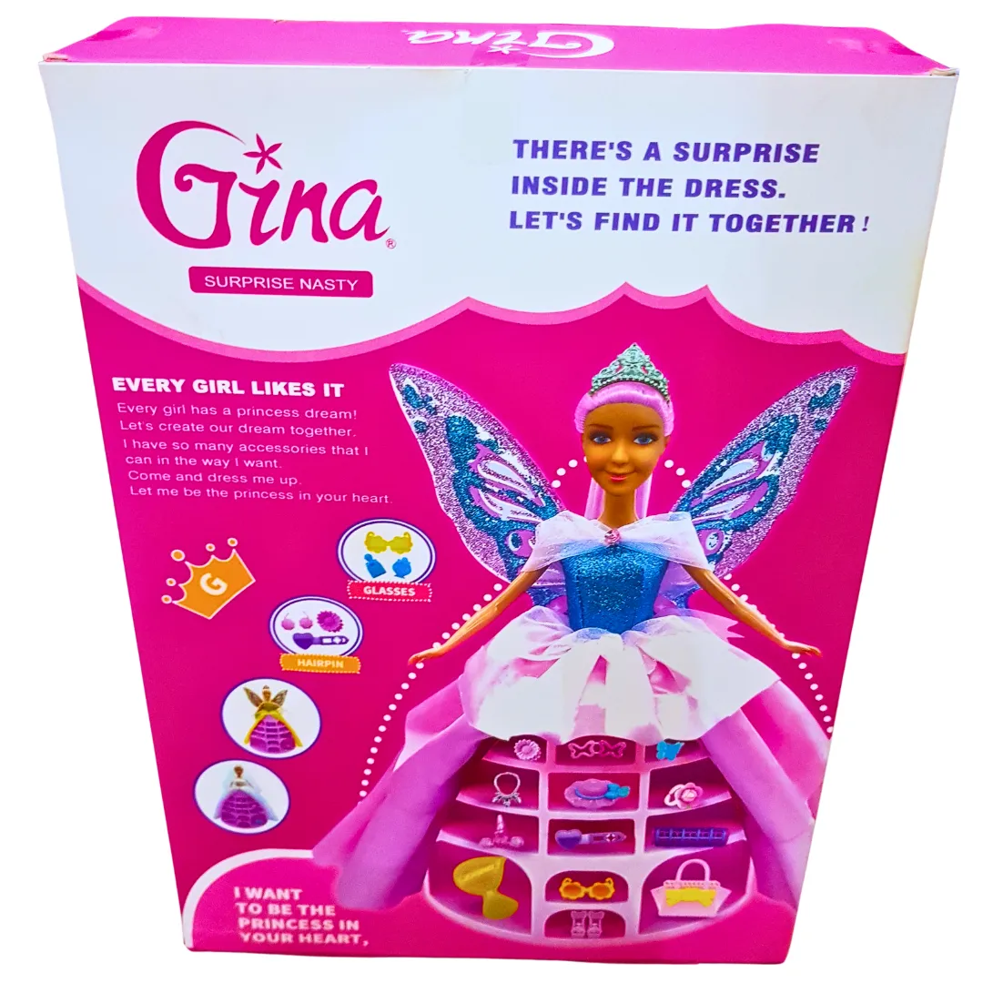 Gina Surprise Princess Doll Set – Elegant Blue Gown Doll with Butterfly Wings and Accessories for Creative Play – Perfect Gift for Girls 3 