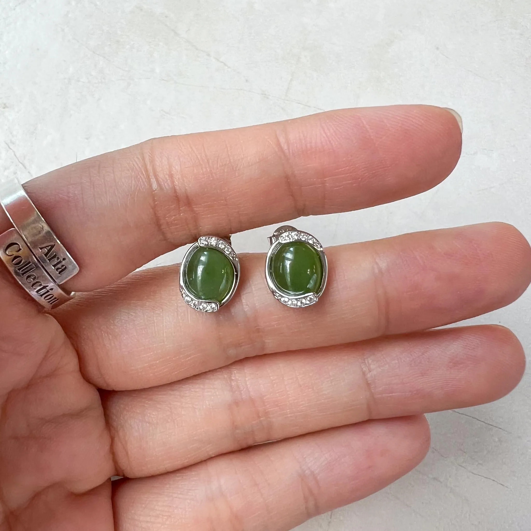 Green Arc Jade Earring Studs, Green Nephrite Jade Sterling Silver Earrings, JSY-0424-12159