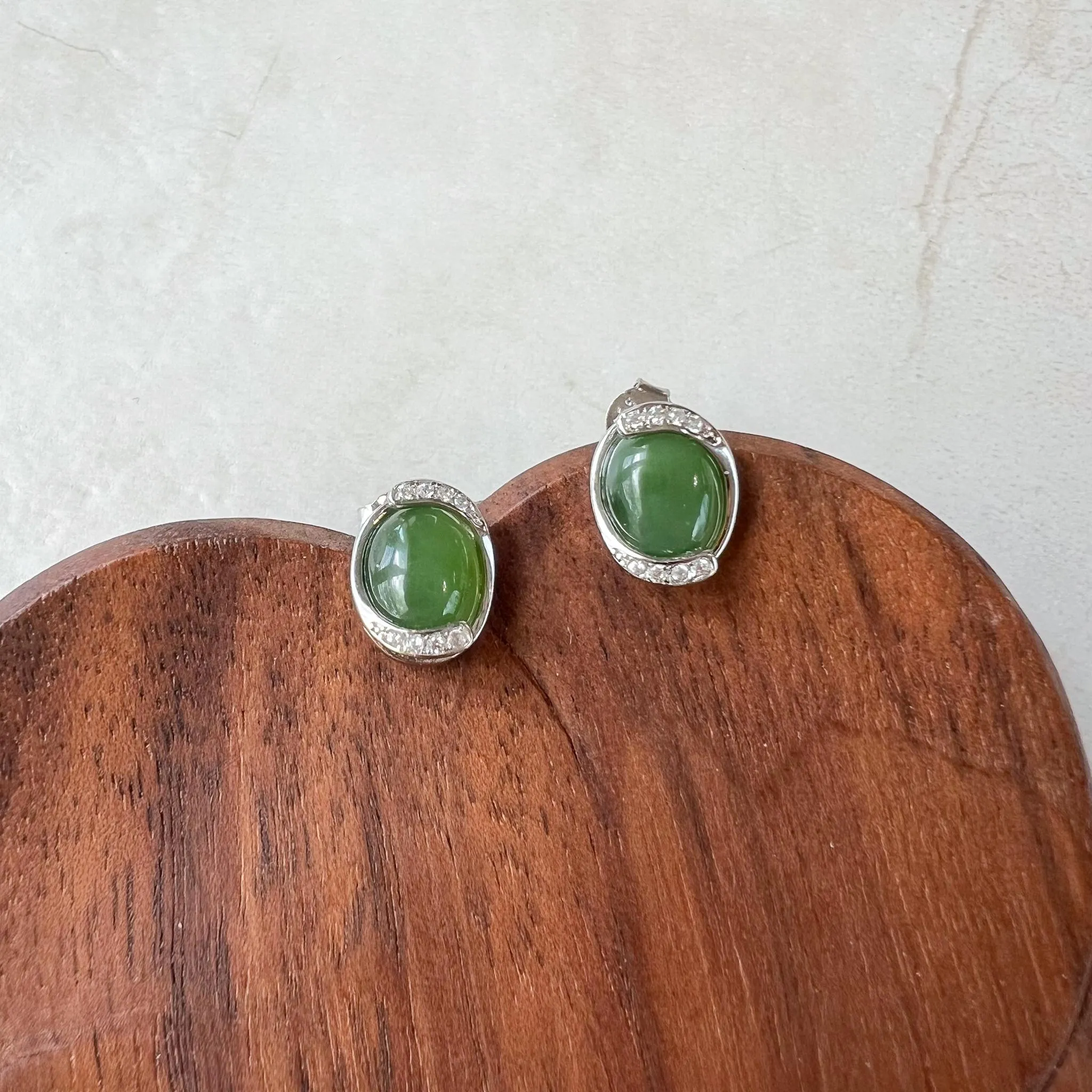 Green Arc Jade Earring Studs, Green Nephrite Jade Sterling Silver Earrings, JSY-0424-12159