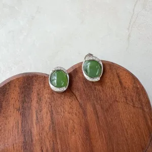 Green Arc Jade Earring Studs, Green Nephrite Jade Sterling Silver Earrings, JSY-0424-12159