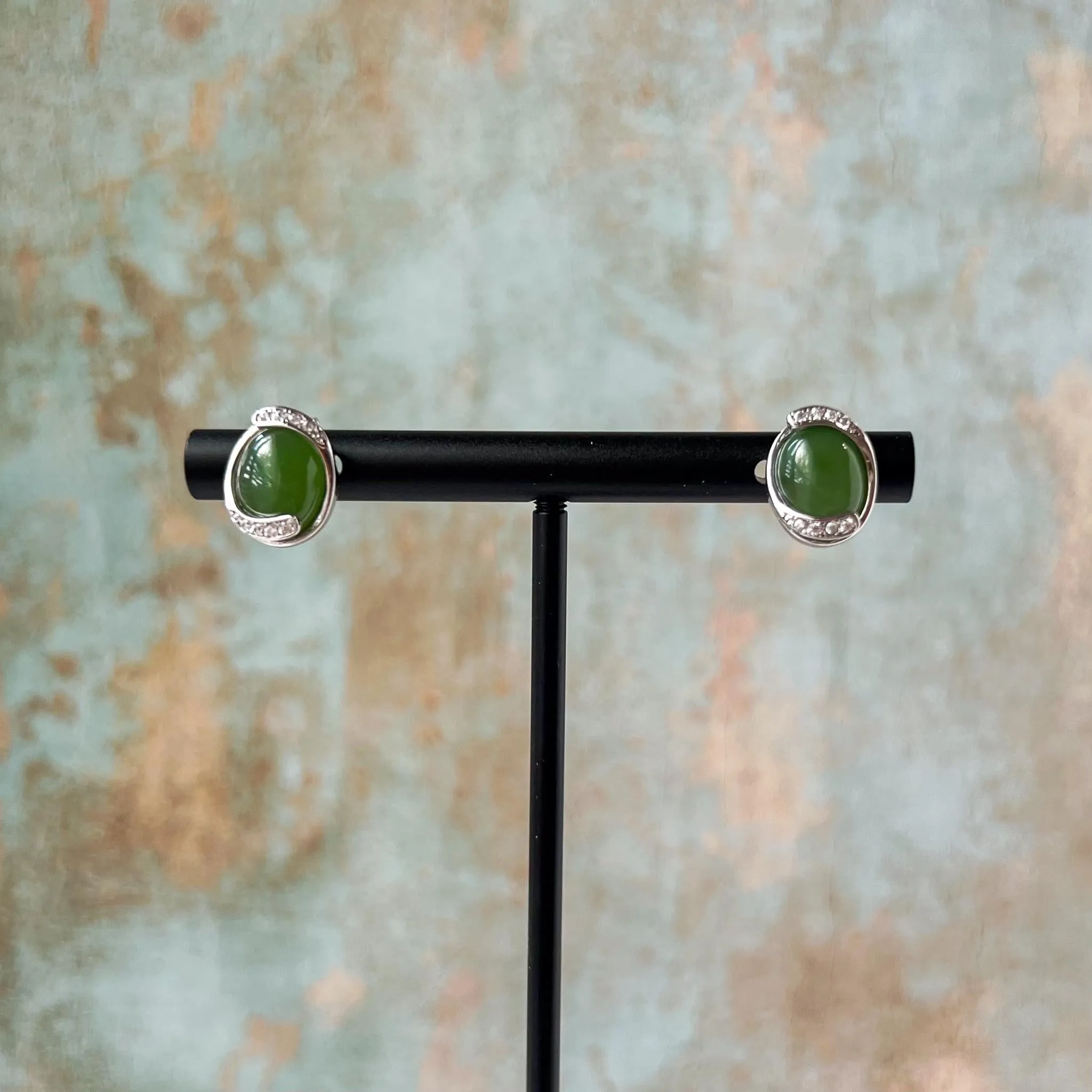 Green Arc Jade Earring Studs, Green Nephrite Jade Sterling Silver Earrings, JSY-0424-12159