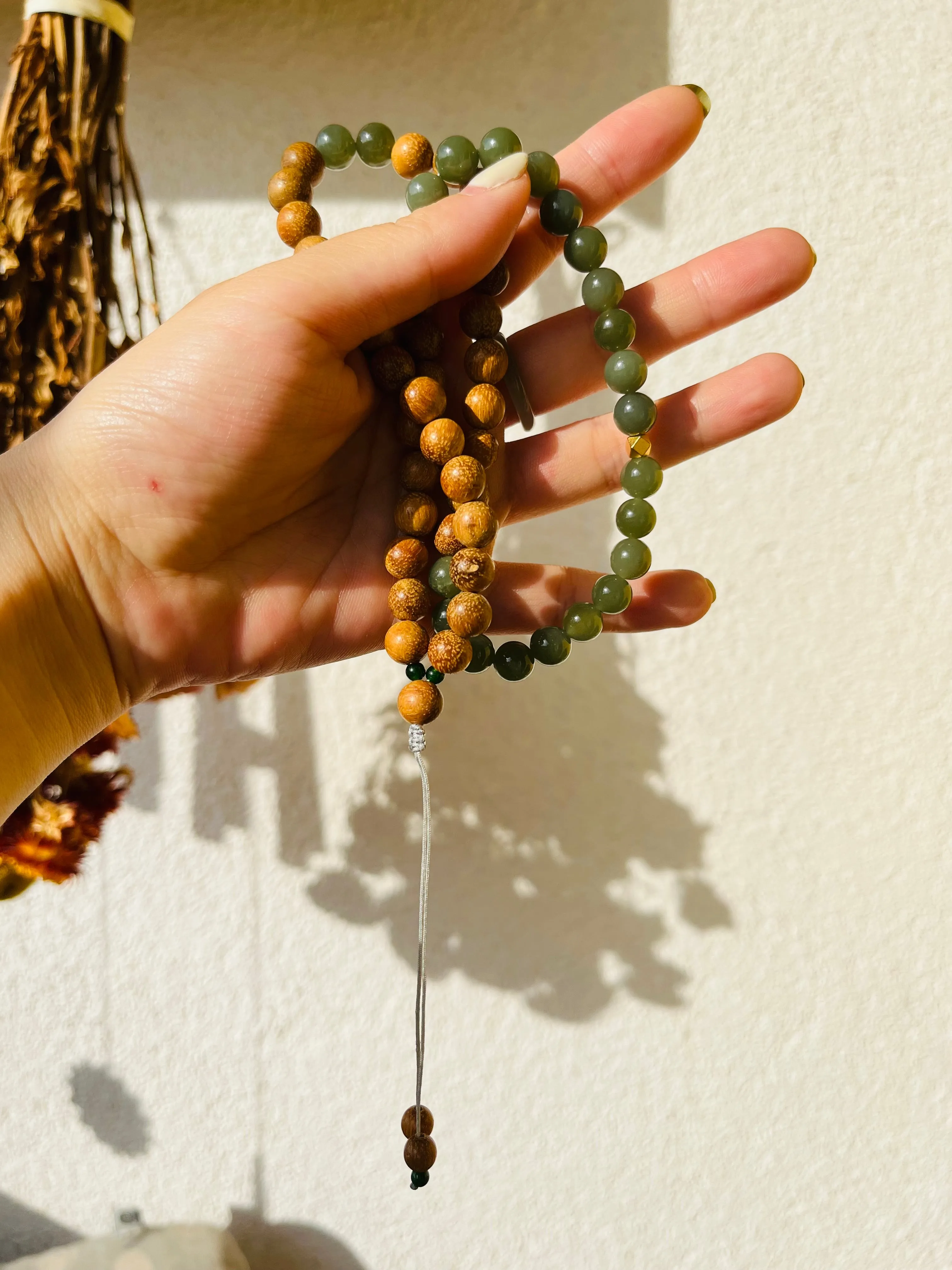 Handmade Necklace with 8mm Green Jade Beads and Bamboo Beads