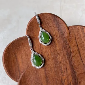 Jade Teardrop Earrings, Green Nephrite Jade Sterling Silver Earrings, JSY-0424-12079