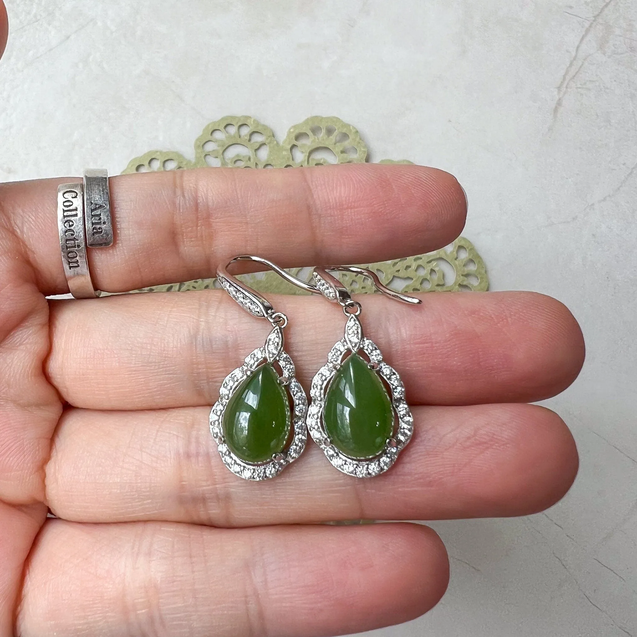 Jade Teardrop Earrings, Green Nephrite Jade Sterling Silver Earrings, JSY-0424-12079