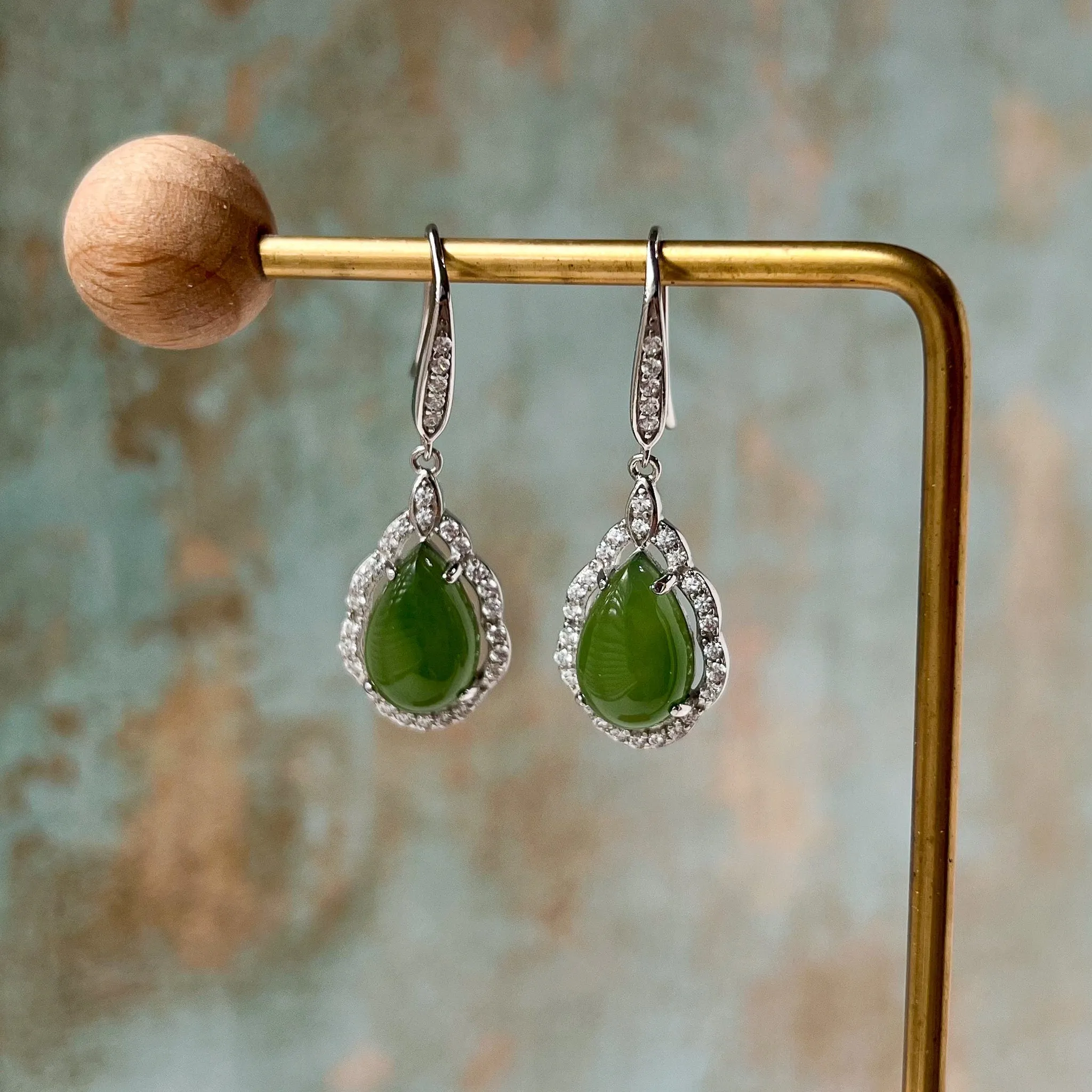 Jade Teardrop Earrings, Green Nephrite Jade Sterling Silver Earrings, JSY-0424-12079