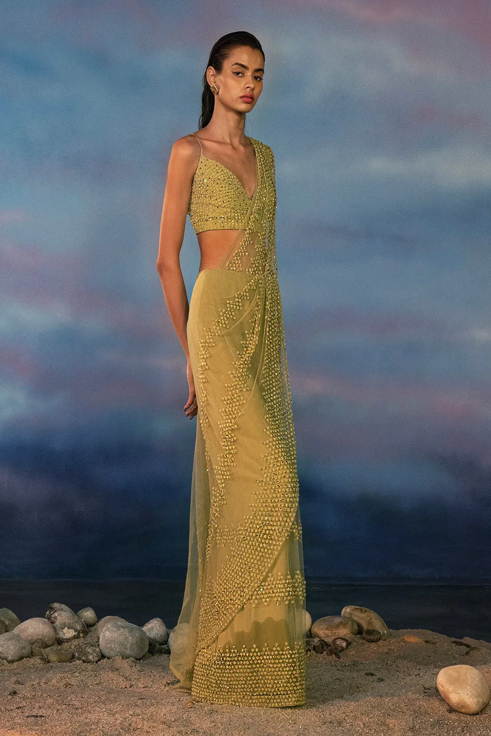 Peridot Leaf Green Tulle Draped Saree