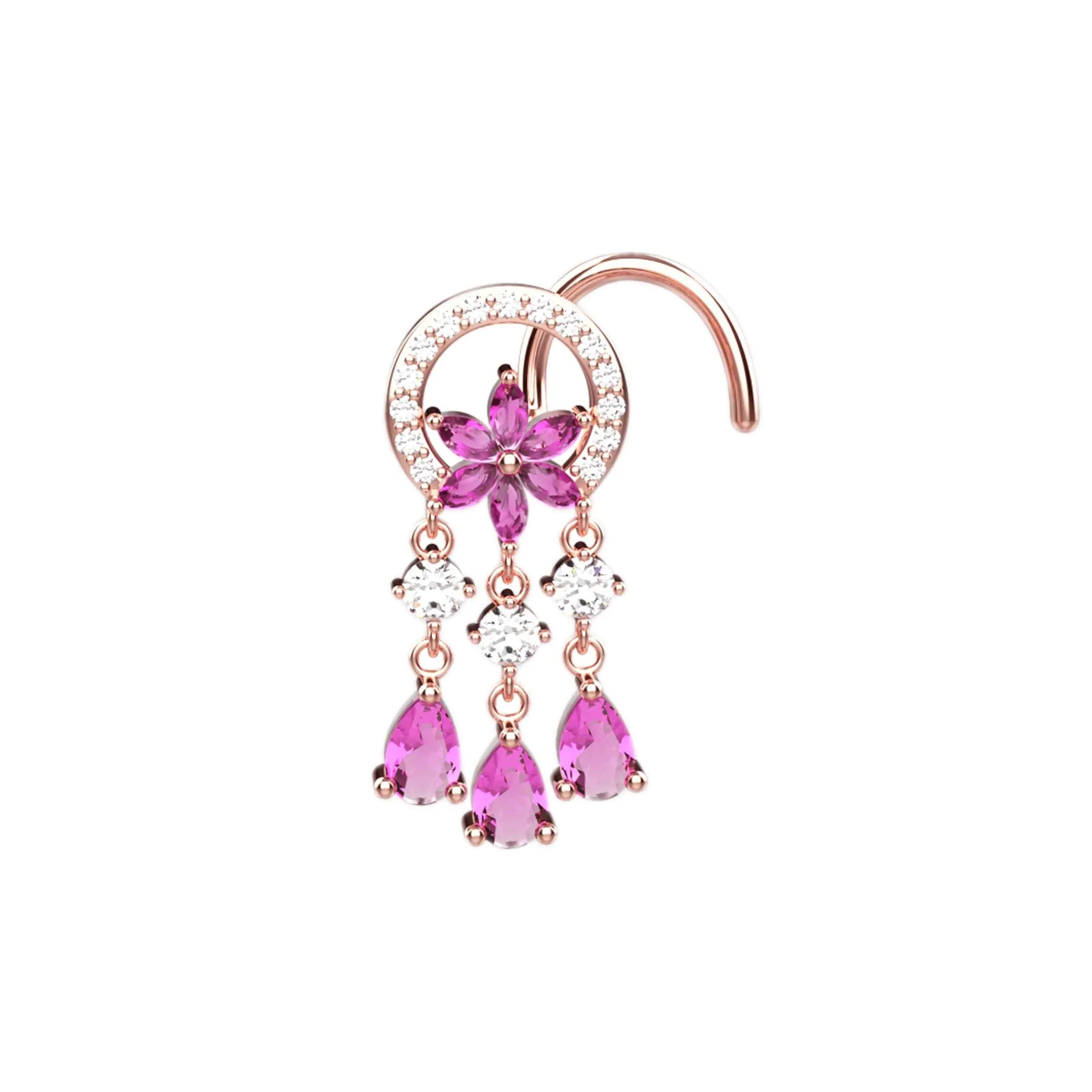 Pink Dangle Nose Ring – Gold Dangling Nose Stud for Women