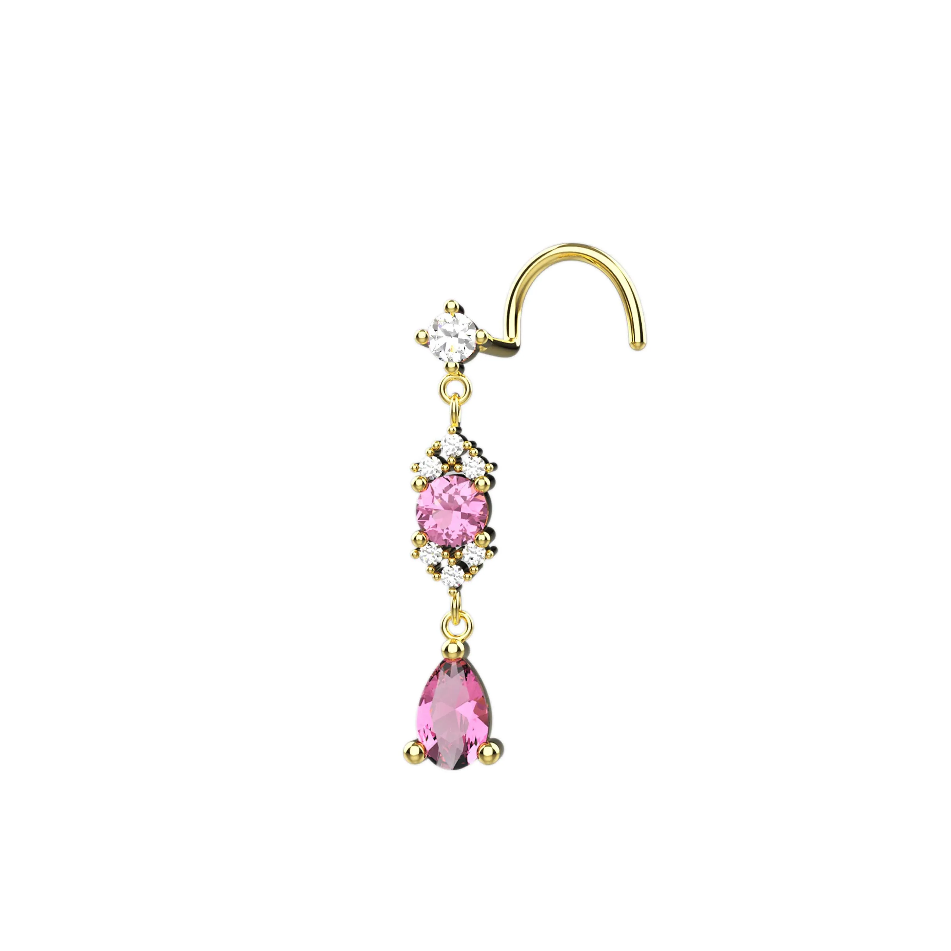 Pink Dangle Nose Ring – Gold Piercing Jewelry