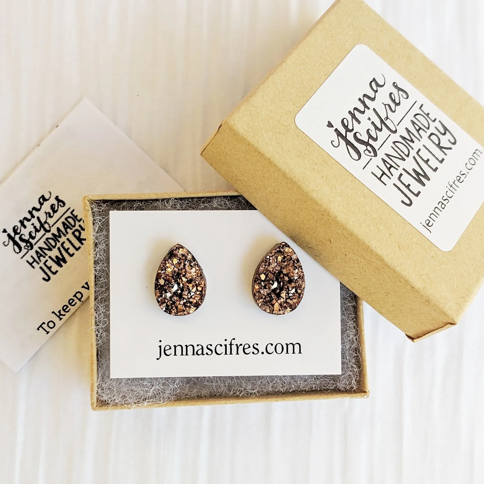 Rose Gold Druzy Teardrop Stud Earrings - Hypoallergenic Titanium Posts