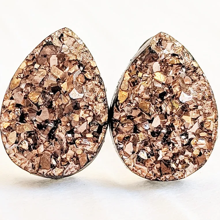 Rose Gold Druzy Teardrop Stud Earrings - Hypoallergenic Titanium Posts