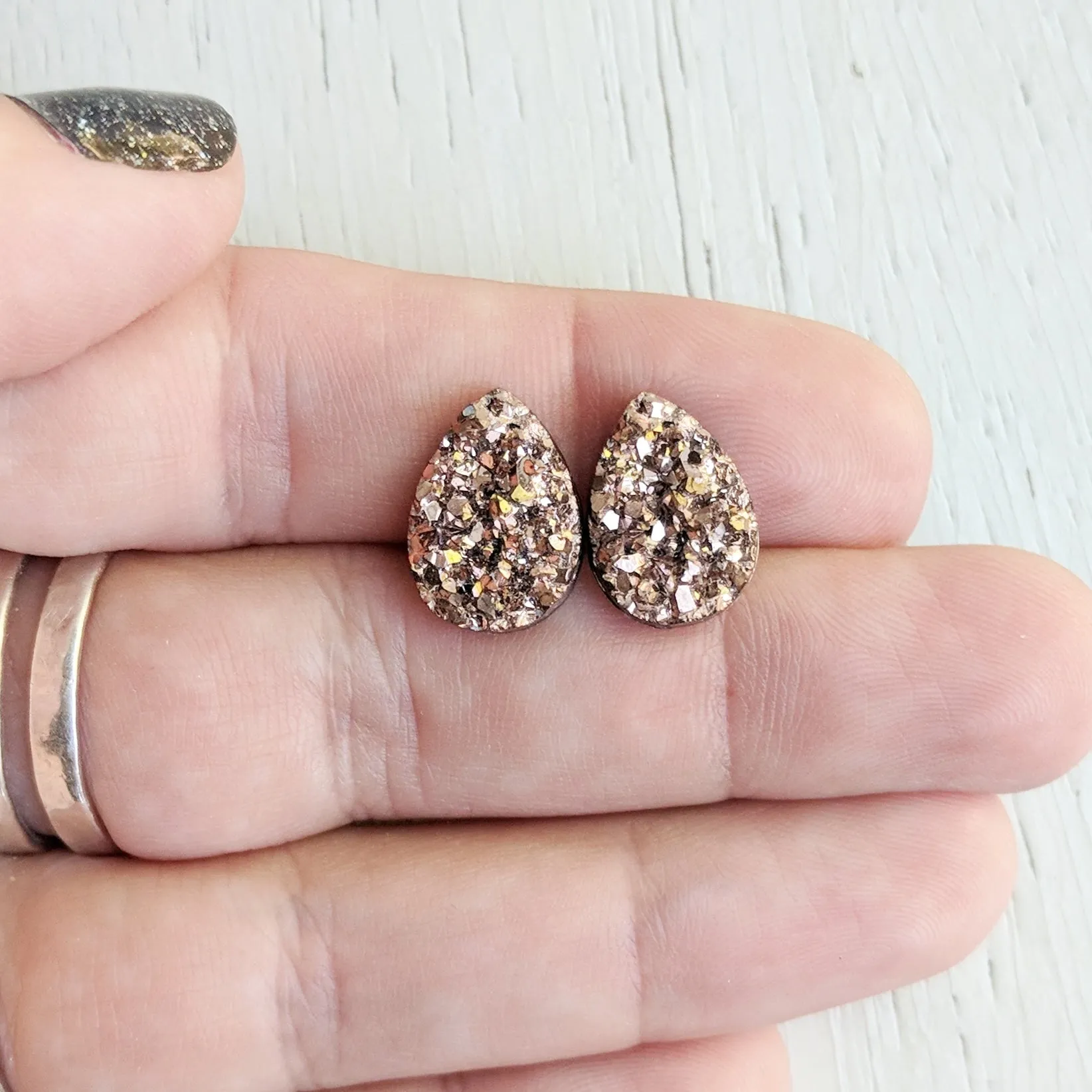 Rose Gold Druzy Teardrop Stud Earrings - Hypoallergenic Titanium Posts