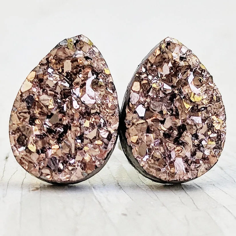 Rose Gold Druzy Teardrop Stud Earrings - Hypoallergenic Titanium Posts