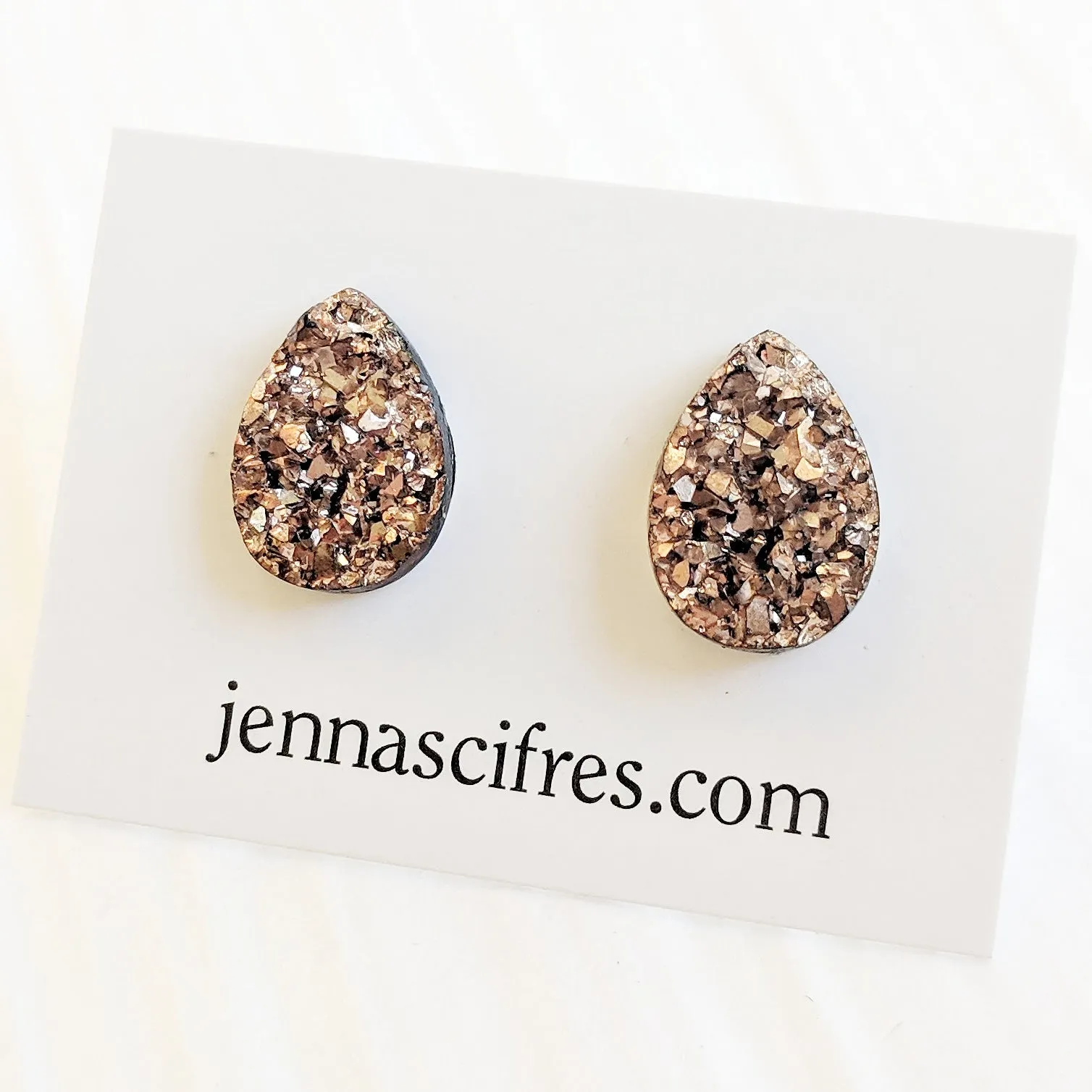 Rose Gold Druzy Teardrop Stud Earrings - Hypoallergenic Titanium Posts