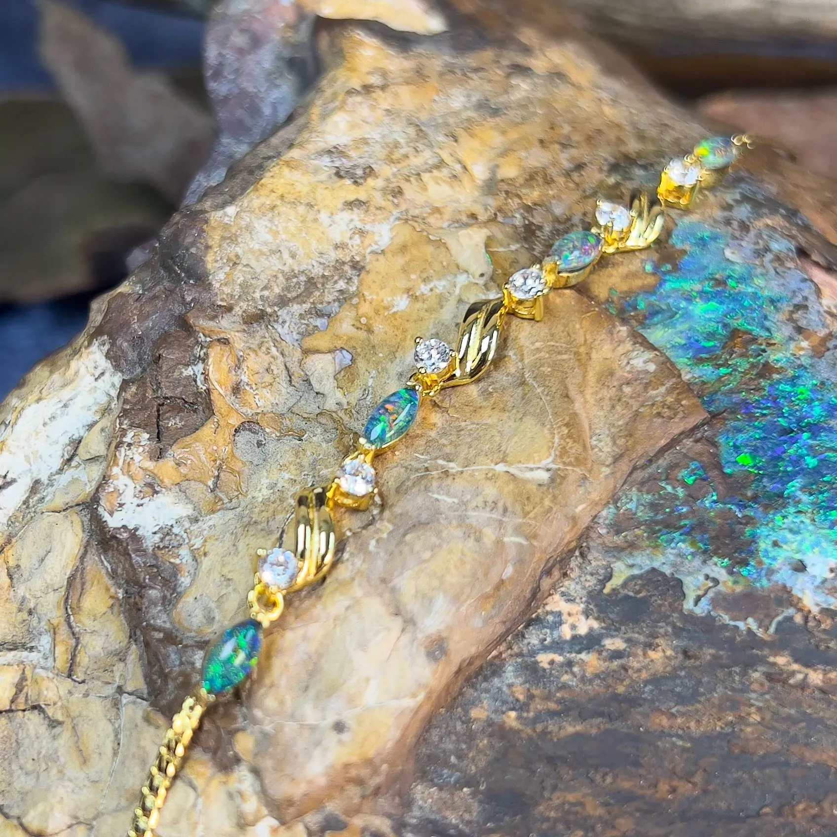 Sterling Silver Gold Plated 6x3mm Opal triplet and cz bracelet