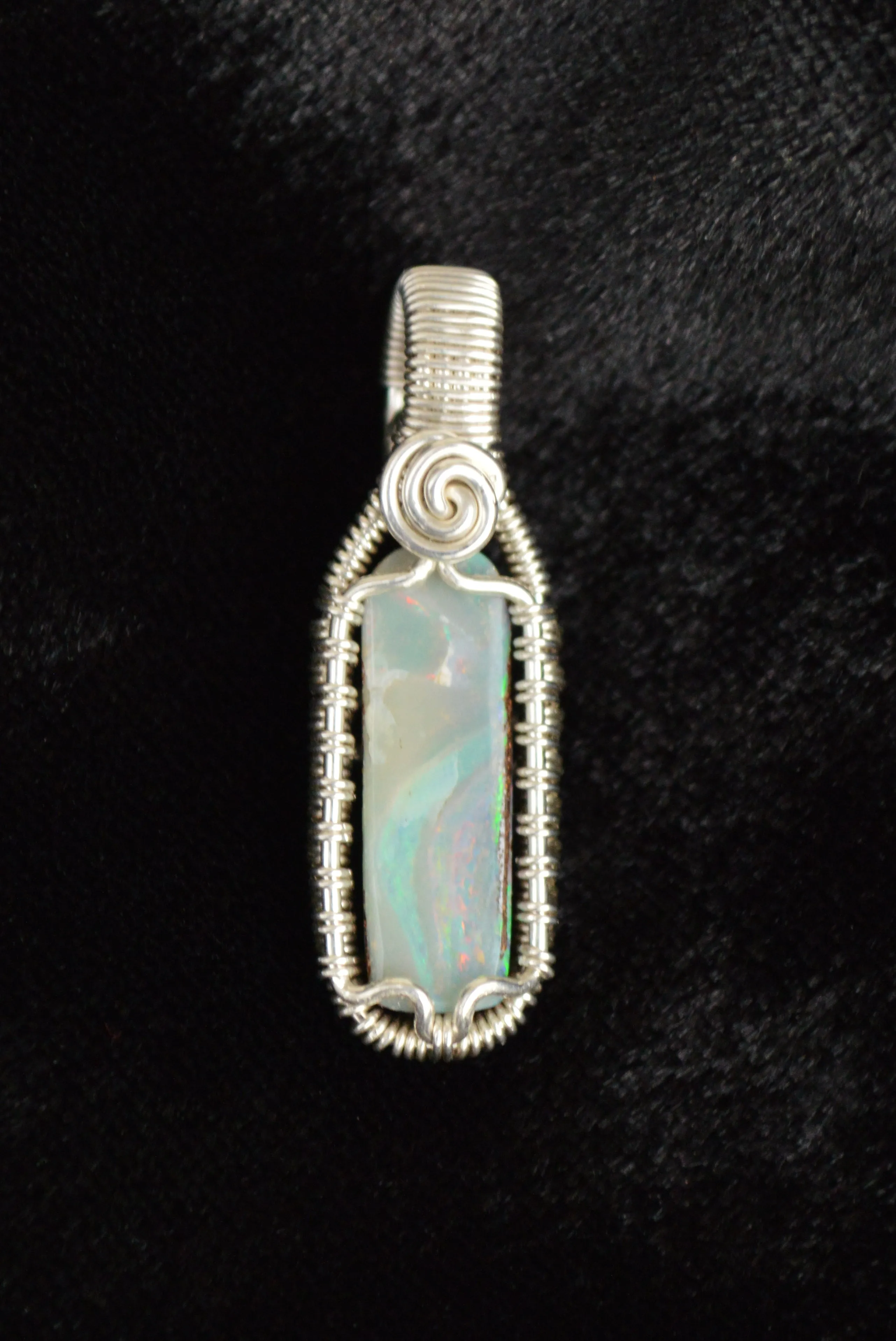 Sterling Silver Wire Wrapped Australian Boulder Opal Necklace, Opal Jewelry