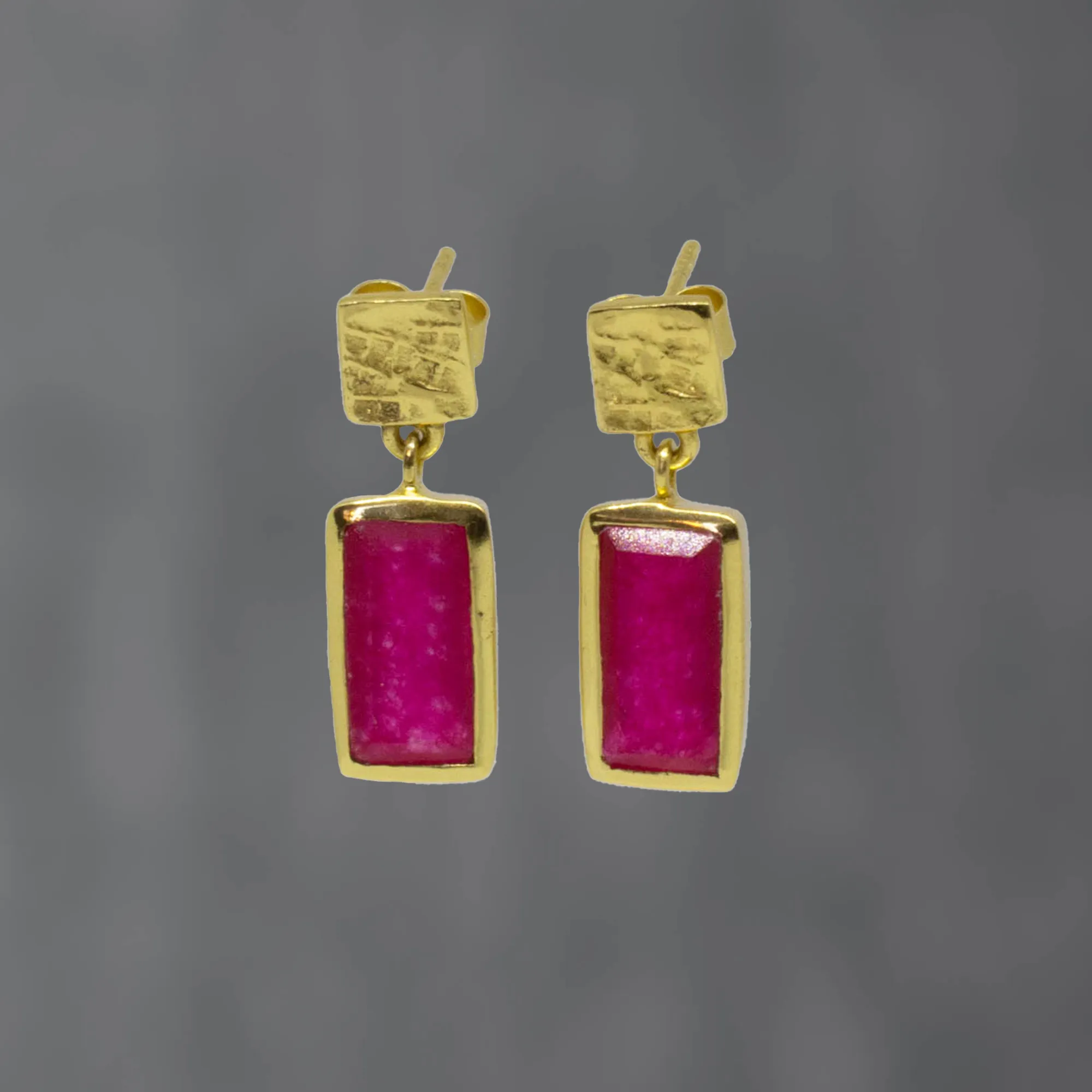 Textured Gold and Gemstone Rectangle Earrings