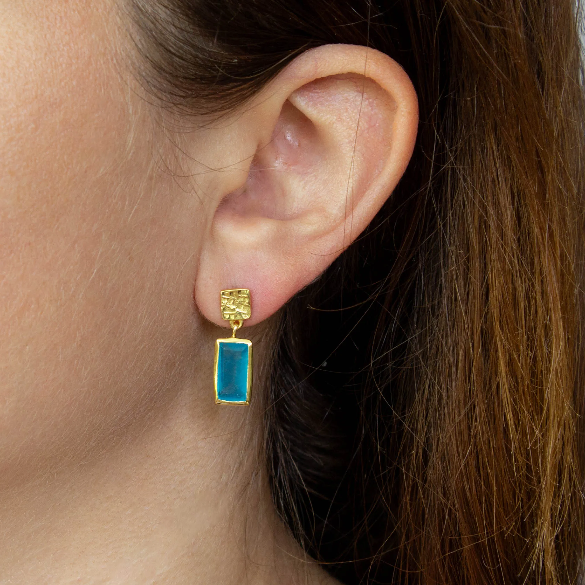 Textured Gold and Gemstone Rectangle Earrings