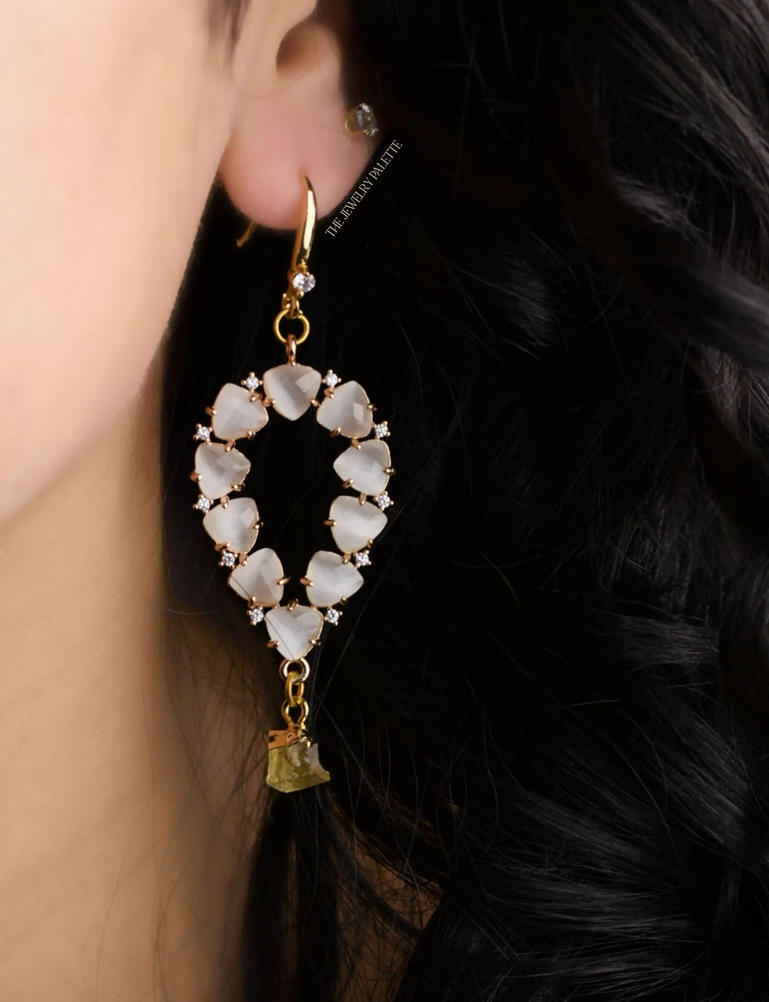 Yara white stones with gold edged peridot drop earrings